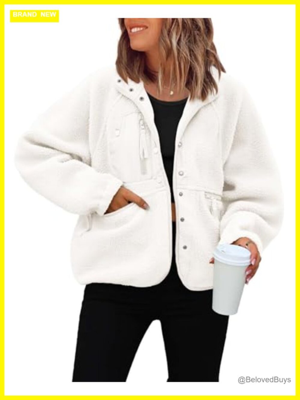Womens Cropped Fuzzy Fleece Jacket Button Down Sherpa Coat